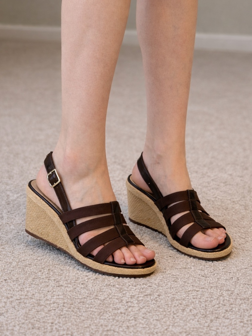 Alex Marie Brown Multi-Strap Espadrille Slingback Wedge Sandals
